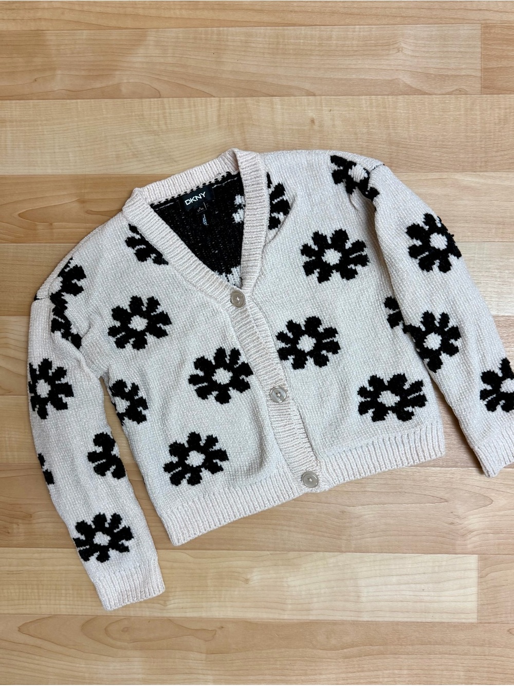 DKNY Girls Floral Cardigan Size 7-8 Cream Black Chenille